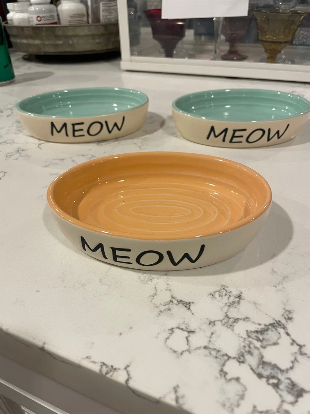Set of Three Ceramic Pet Bowl Set in Peach and Mint 